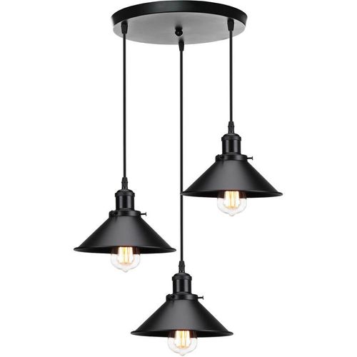 6033797092440 - Pendelleuchte 3 Flammig Hängelampe mit Ø22cm Regenschirm Lampenschirm Edison Eisen Art Lampe Edison für Loft Esszimmer Wohnzimmer (Alles Schwarz)