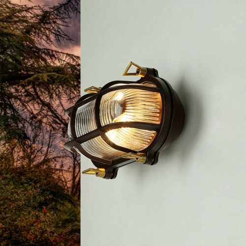 4255596649805 - Licht-erlebnisse - Außenlampe Wand Glas Messing IP64 E27 Maritim Außenleuchte Wand Garten - Rostbraun Antik