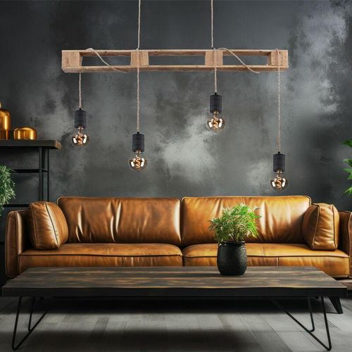 9007371493968 - - Hängeleuchte aus Holz Metall Decken Pendelleuchte 4 flammig Hanfseil Hängelampe verstellbar 4x E27 121x10x120cm Wohnzimmer Esszimmer