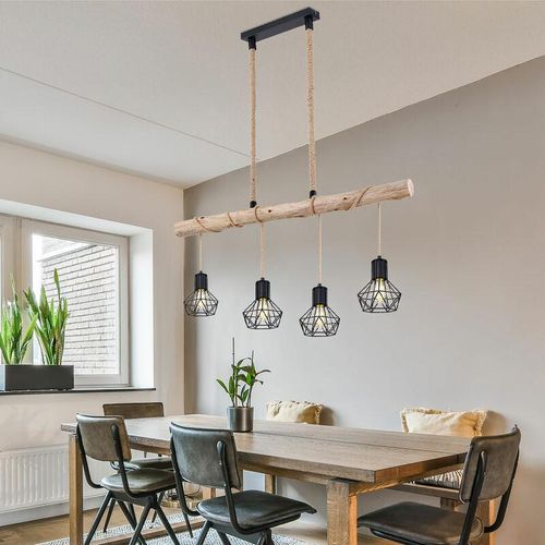 9007371490219 - Hängeleuchte Holzbalken Esszimmerleuchte Höhenverstellbar Hängelampe Holz Gitterschirmen Metall 4x led 7W 806Lm warmweiß LxBxH 100x133x120 cm