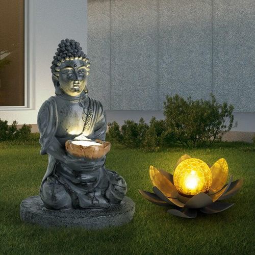 9007371473571 - - Aussen Solarleuchte Buddha Feng Shui Außen Solarblume Lotusblume Solar Crackle Glas grau led Leuchtmittel 1x Lotus 1x Buddha 2er Set