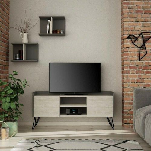 0784196609451 - Toscohome - TV-Ständer 125cm aus Holz mit 2 Türen in Vintage-Weiß und Anthrazit - Klappe