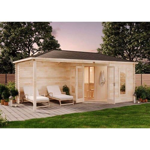 4251771219290 - Finntherm - 5-Eck Saunahaus Liwa Gartensauna 3 Sitzbänke aus Holz Sauna mit 28 mm Wandstärke Außensauna mit Montagematerial - Naturbelassen