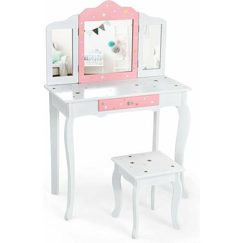 0661706152464 - Kinder Schminktisch mit Hocker Prinzessin Frisiertisch mit Schublade & 3-Fach klappbarer Spiegel Frisierkommode rosa weiss Schminkkommode für