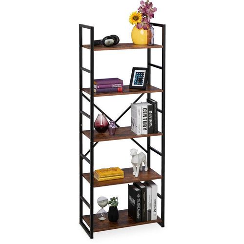 4052025343668 - Bücherregal mit 5 Ebenen Industrial HxBxT 1585 x 60 x 30 cm mdf & Metall Büro Ordnerregal braun schwarz - Relaxdays