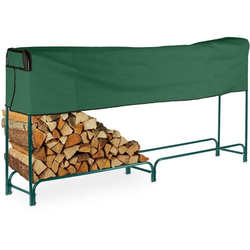 4052025473778 - Kaminholzregal mit Abdeckung Stahl Stapelhilfe für Brennholz Brennholzregal hbt 122x250x30 cm dunkelgrün - Relaxdays