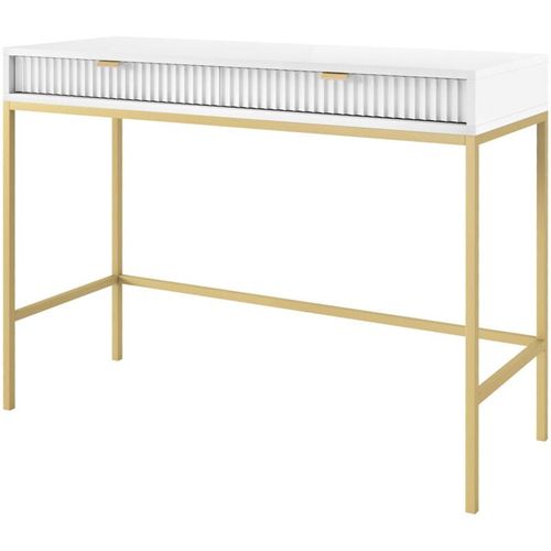 5905386076302 - Selsey - vellore - Schminktisch Schreibtisch mit Schubladen Weiß mit geriffelten Fronten und goldenen Metallbeinen 104 cm breit