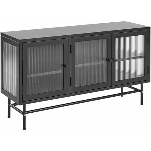 4251682286411 - Sideboard Schwarz Stahl 35 x 115 x 64 cm mit 3 Durchsichtigen Glastüren 4 Regalböden 3 Griffen Industriell Flur Schlafzimmer Küche Wohnzimmer