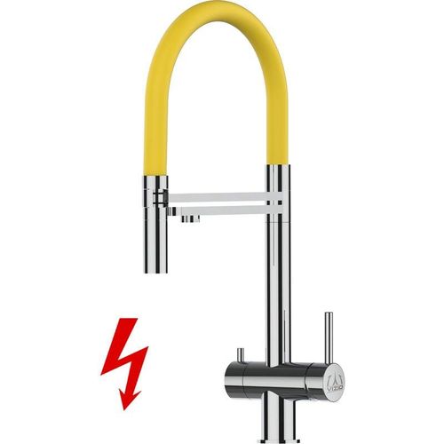 8055765127259 - NIEDERDRUCK 3 Wege Edelstahl Massiv Küchenarmatur Spültischmischer mit 360° schwenkbarem Gelb Auslauf und 2 strahl Handbrause - Hochglanz