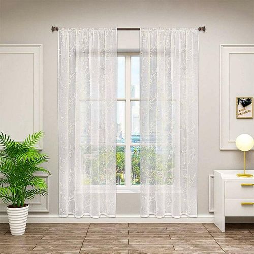 4063425123903 - Gardinen transparent Blumen Stickerei mit Kräuselband Leinen Optik(2 Stücke) beige 140x225 cm - beige - Woltu