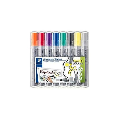 4007817073858 - Flipchartmarker Staedtler Lumocolor® 356 6x Rundspitze 2 mm 2x Keilspitze 2 oder 5 mm schnell trocknend mit Clip farbsortiert 8 Stück