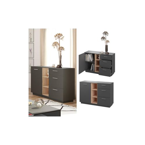 4251421970243 - Kommode Highboard Anrichte Beatrice Anthrazit 3 Schubladen Sideboard Regal