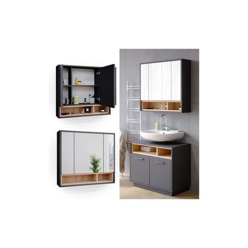 4251421956513 - Spiegelschrank Badschrank Badspiegel 80cm Badmöbel Beatrice 3-türig Ablage