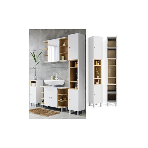 4251421921818 - Badschrank Aquis Badezimmerschrank Hochschrank Bad Schrank Eiche Weiß 4251421921818 - Badschrank Aquis Badezimmerschrank Hochschrank Bad Schrank Eiche Weiß