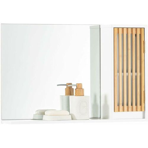 4251388626900 - Sobuy - BZR128-W Spiegelschrank Hängeschrank Wandschrank Badschrank Badmöbel Spiegel Wandspiegel Badspiegel Badschrank Badezimmermöbel Weiß-Natur bht