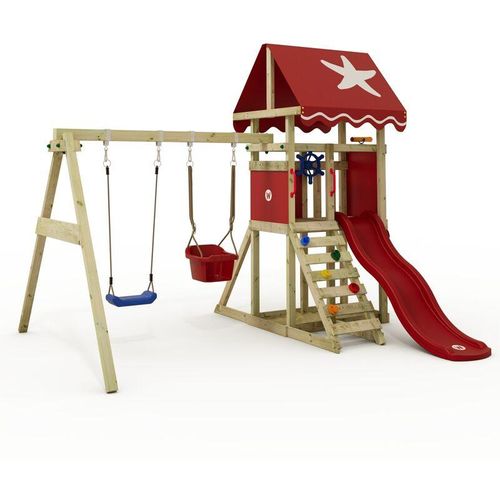 4255689914674 - Klettergerüst Spielturm DinkyStar für Kleinkinder mit Rutsche und Kinderschaukel Babyschaukel mit Sicherheitsgurten 10 Jahre Garantie - rot - Wickey