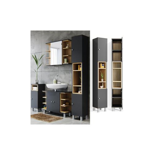 4251421921771 - Badschrank Aquis Badezimmerschrank Hochschrank Bad Schrank Eiche Anthrazit
