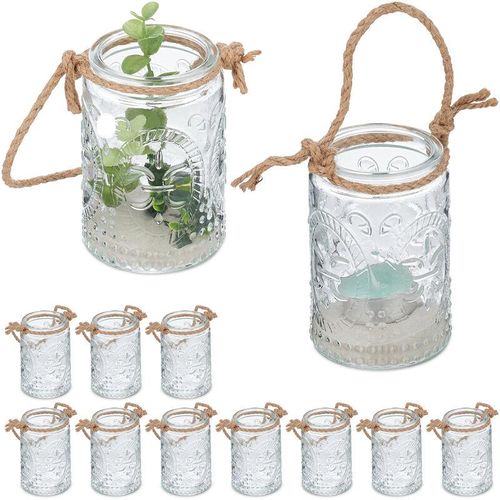 4052025458133 - Windlicht 12er Set Glas mit Henkel innen & außen 105 x 7 cm Hochzeit Teelichthalter transparent braun - Relaxdays