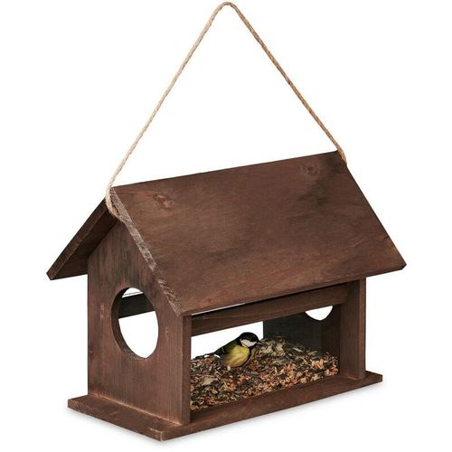 4052025477288 - Relaxdays - Vogelfutterhaus Holz zum Aufhängen Futterspender Wildvögel Vogelfutterstation hbt 24x30x21 cm dunkelbraun