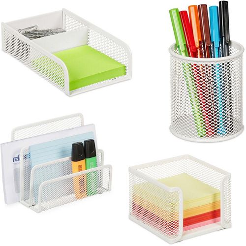 4052025445782 - Relaxdays - Schreibtisch Organizer Set 4-tlg Metall Dokumentenhalter Zettelbox Büroklammer- & Stiftehalter weiß