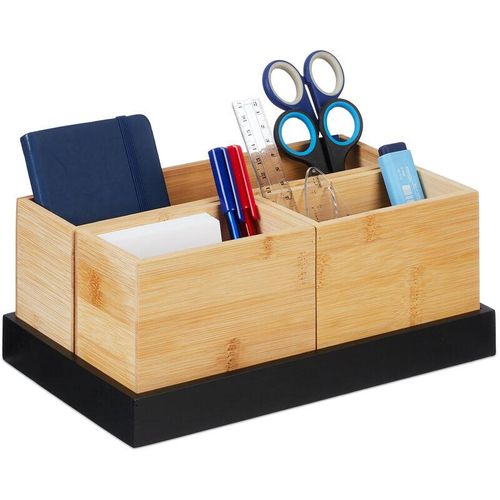 4052025479879 - Relaxdays - Bambus Organizer 4-teiliges Set Schreibtischutensilien Kosmetik für Büro Bad Ablageschale natur schwarz