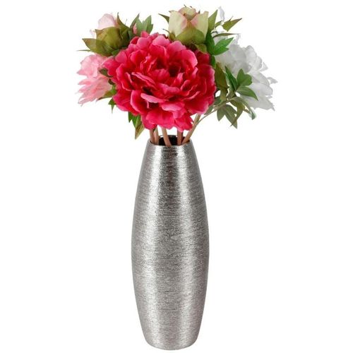 4251699822824 - Keramik Vase Silber glänzend 32x12cm Blumenvase Dekovase Tischvase Keramikvase - Buri