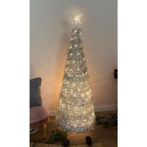 4262371536946 - Spetebo - Spiral Weihnachtsbaum 150 cm mit 120 led und Stern Spitze - silber - Künstlicher Tannenbaum warm weiß beleuchtet für Außen und Innen