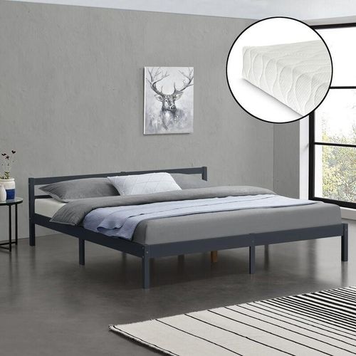 4059438610226 - [encasa] - Holzbett Nakkila 180x200 cm mit Kaltschaummatratze Dunkelgrau encasa - Dunkelgrau