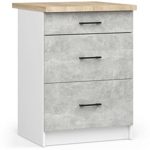 5907512215081 - Akord - Küchenschrank lima modular S60 Unterschrank mit Arbeitsplatte Weiß 60 cm 3 Schubladen Front Beton B60 x H85 x T46 cm