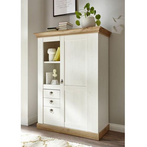 4251581537263 - Landhaus Highboard Kommode in Pinie weiß matt LINARES-61 Absetzungen Wotan Eiche Nb - B H T ca 102 139 44 cm - weiß