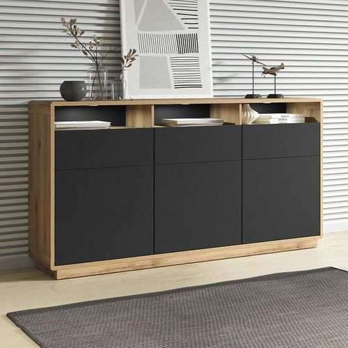 4066075068747 - Sideboard Anrichte modern inkl LED Beleuchtung ALBANY-83 in Taurus Eiche Nb mit Absetzungen in schwarz matt B H T ca 180 96 40 cm - schwarz