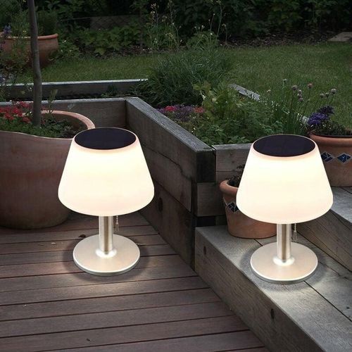 4036812836052 - Expo Börse - Solar Tischleuchte led Gartenlampe weiß Edelstahl Balkonleuchte Terrassenlampe 10x 006W 1800 Kelvin warmweiß DxH 185 x 28 cm 2er Set