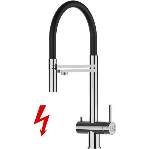 8055765127228 - NIEDERDRUCK 3 Wege Edelstahl Massiv Küchenarmatur Spültischmischer mit 360° schwenkbarem Schwarz Auslauf und 2 strahl Handbrause - Hochglanz