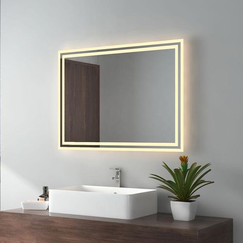 7445605335370 - EMKE Badspiegel LED Badezimmerspiegel mit Beleuchtung IP44 Wasserdicht Wandspiegel 80x60cm Warmweißes Licht