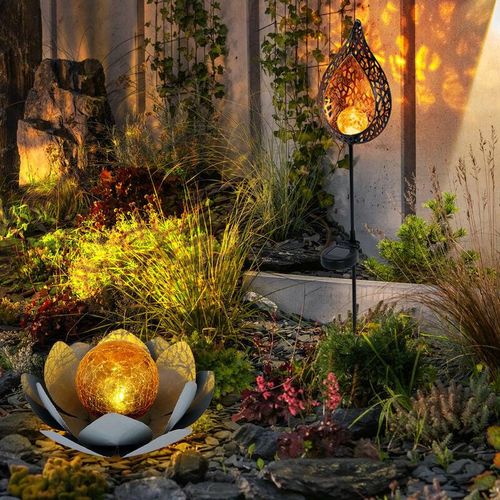 4059157313750 - Etc-shop - Solarleuchte Lotusblume Solarlampe orientalisch Flamme Garten Deko Leuchte Blume Crackle Glaskugel Lichteffekt led warmweiß 2er Set