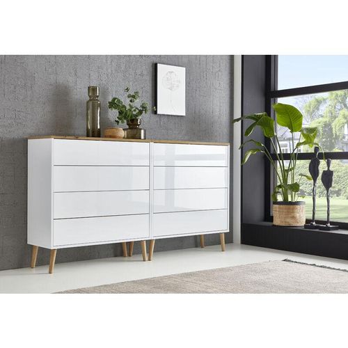 4260593581546 - Bmg Möbel - Sideboard Mailand Set 1 grifflos Holzfüße Weiß  Artisan Weiß hochglanz - Weiß