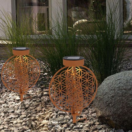 4059157322479 - Solarkugel rost für Außen Solarleuchte rost Garten Solarlampe mit Erdspieß Lichteffekt Muster Lebensblume 1x led warmweiß DxH 20 x 31 cm 2er Set