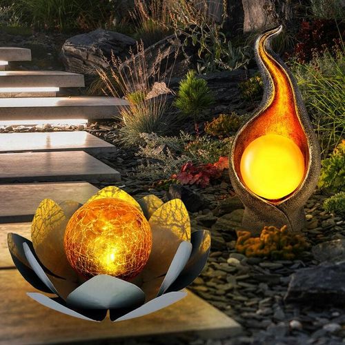 9007371472338 - - Solarlampe led Gartendeko Lotusblume Asia Terrassenlampe Flammen Design Gartenlampe Leuchtdauer ca 6 Stunden 2er Set