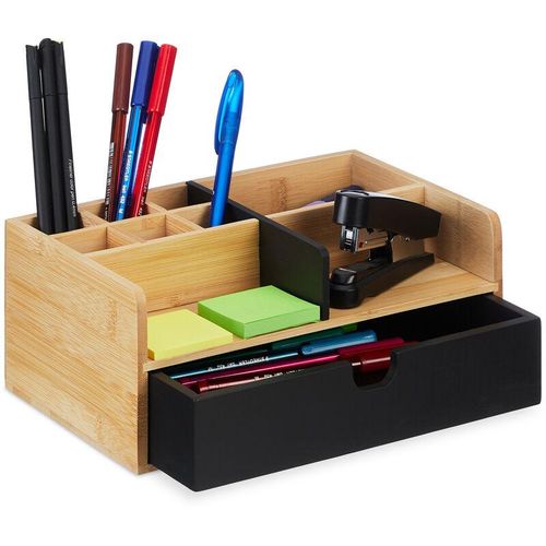 4052025479770 - Relaxdays - Schreibtisch Organizer 1 Schublade 9 Fächer Bambus HxBxT 10 x 25 x 155 cm Büroorganizer natur schwarz