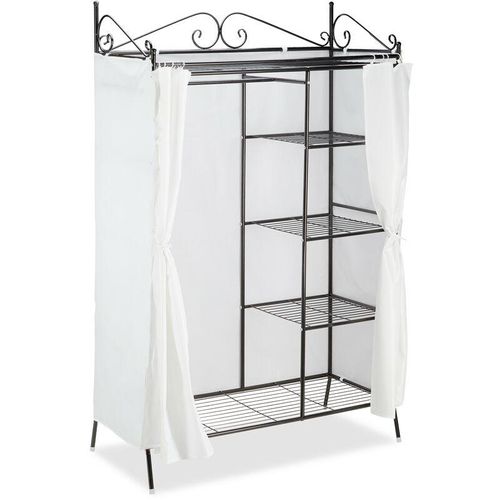 4052025964832 - Relaxdays - Metall Garderobe country 172 x 105 x 45 cm HxBxT Landhausstil Kleiderschrank mit Stoffvorhang schwarz-weiß