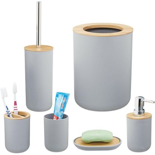 4052025886493 - Badezimmer Set 6-teilig Badaccessoires Kunststoff Bambus komplette Badezimmerausstattung Badset grau - Relaxdays