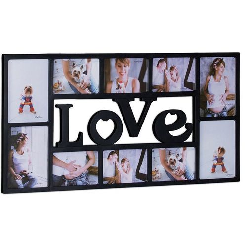 4052025959661 - Relaxdays Bilderrahmen Collage LOVE Fotorahmen 10 Bilder Wandgalerie für Fotocollagen HBT 365 x 72 x 2 cm schwarz