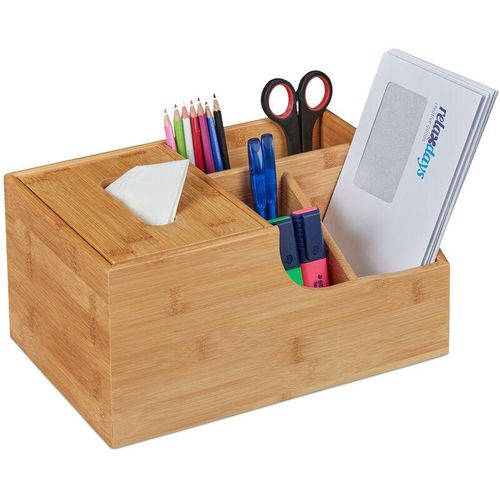 4052025310660 - Relaxdays Büro Organizer mit Tücherbox 4 Fächer Bürobedarf & Kosmetik Bambus Stiftehalter HxBxT 14x29x195 cm natur