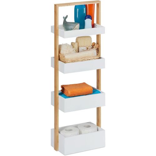 4052025314613 - Badregal 4 Ablagen Bambus & mdf Badezimmer Aufbewahrung schmales Ablageregal hbt 88x30x18 cm weiß natur - Relaxdays