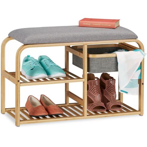 4052025305635 - Schuhbank mit Sitzfläche gepolstert Flur & Garderobe schmal Bambus Sitzbank HxBxT 45x69x30 cm grau natur - Relaxdays