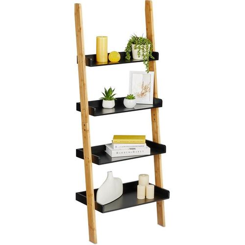 4052025485450 - Leiterregal 4 Ablagen HxBxT 145 x 56 x 30 cm Bambus mdf Bücherregal Badezimmer Regal natur schwarz - Relaxdays