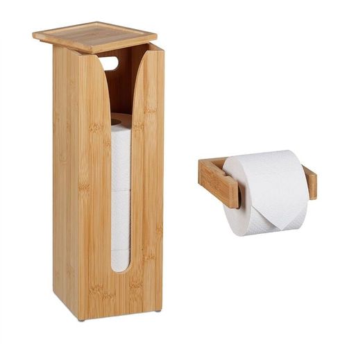 4052025485290 - Relaxdays - Toilettenpapierhalter Set Bambus 4 Rollen WC-Rollenhalter Wandmontage & Ersatzrollenhalter stehend natur