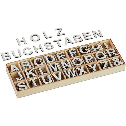 4052025477424 - Relaxdays - Holzbuchstaben Set 324 tlg Großbuchstaben a-z Und-Zeichen 3 cm kleine Buchstaben zum Basteln Deko grau