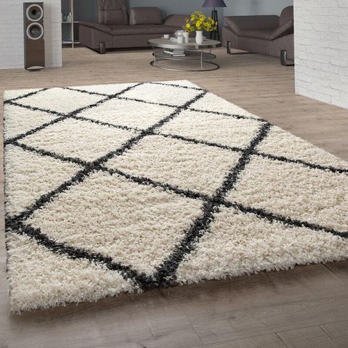 4061981092640 - Hochflor Teppich Shaggy Für Wohnzimmer Skandi Stil Rauten-Design In Beige 60x100 cm - Paco Home