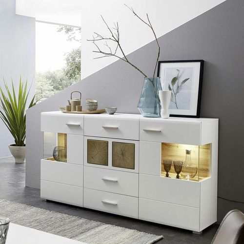 4251581512758 - Sideboard weiß Eiche Applikationen FARO-36 mit LED Beleuchtung und Glaseinsätzen B H T ca 170 94 42 cm - weiß